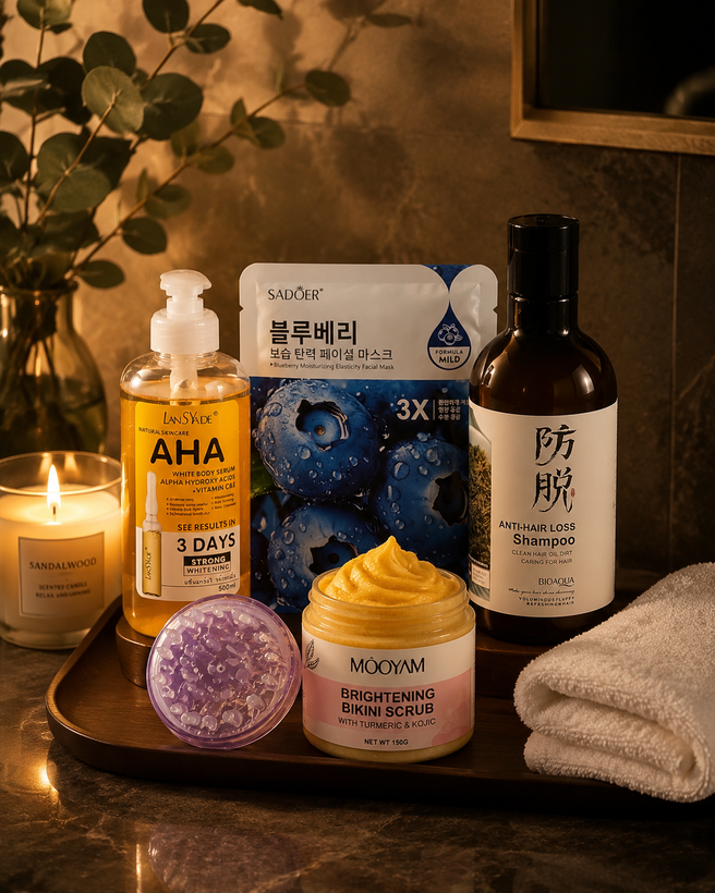 پک روتین پوست و مو 5 تیکه شامل شامپو رزماری+اسکراب سفید کننده بیکینی مویام+ماسک صورت+سرشور سیلیکونی+سرم روشن کنندهaha